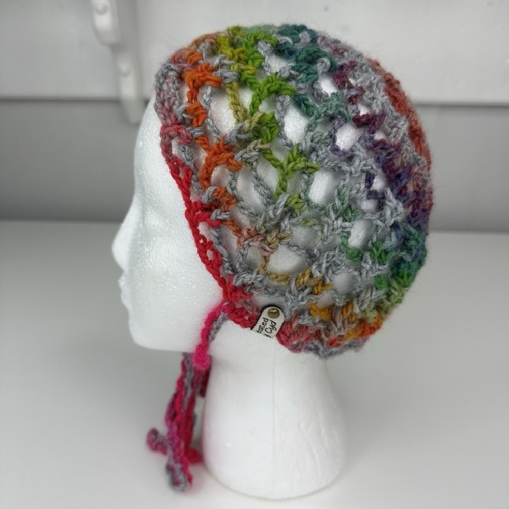 Created by Cyd Handmade Crochet Merino Wool Rainbow Bonnet Festival Tie Hat NEW